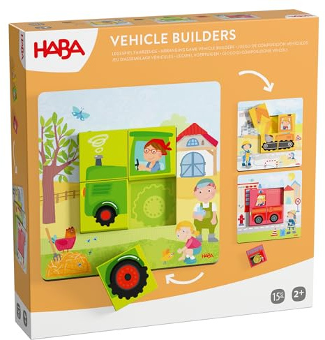HABA Legespiel Fahrzeuge – Holzspielzeug ab 2 Jahren mit Bagger, Traktor & Feuerwehr, Montessori Lernspiel zur Farberkennung & Feinmotorik, Geschenk für Kleinkinder