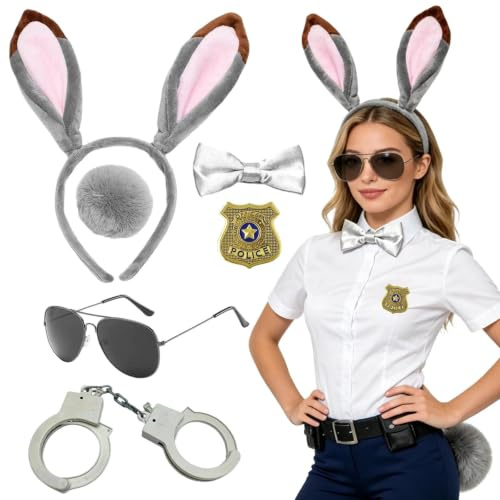ZXTGBQ 6PCS Disfraz Policia Conejo Para Mujer, Con Diadema Y Corbata Pajarita+Cola De Peluche Funda Esposas Gafas De Sol Juguete De PolicíA Para Carnaval Fiesta, Fiesta De Pascua, Cosplay, Halloween
