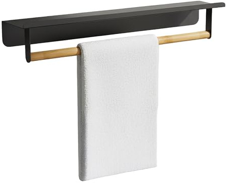 Relaxdays Handtuchhalter Wand, mit Ablage, Handtuchstange HBT: 9x45x8 cm, Bad & Küche, Bambus & Metall, schwarz/Natur