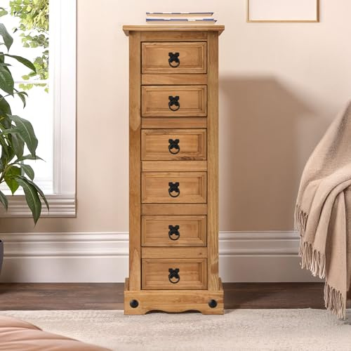 Mercers Furniture Corona Narrow 6 Drawer Chest Bedside Cabinet Solid Wood Mexican Pine Wooden Night Stand Lamp Table Side End Storage Drawers Bedroom Living Room Office 105cm High 35cm Wide 33cm Deep