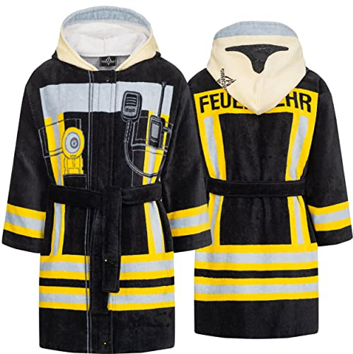 Kinder Bademantel Feuerwehr Einheitsgröße 5-10 Jahre Frottee für Schwimmbad Pool Spaß mit Kapuze im Firefighter Design