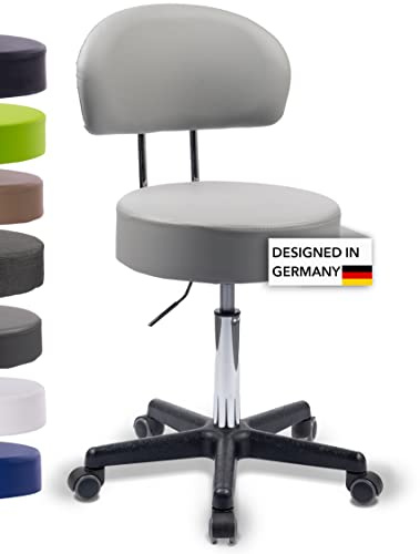 1stuff Rollhocker Squash 40 BIGBACK, Höhe 51-71cm, 40cm breit (Grau) | 1stuff-Qualität - Robuster Studiohocker mit Lehne BIGBACK, Drehhocker 360°, Bürohocker, PU-Rollen, Service aus DE