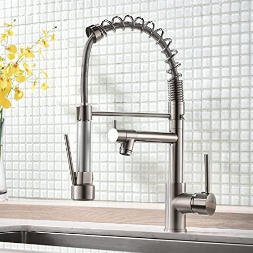 AIMADI Wasserhahn Küche Küchenarmatur mit Brause 360° schwenkbar Mischbatterie Spiralfeder Armatur Spültischarmatur Spiralfederarmatur Gebürsteter Nickel