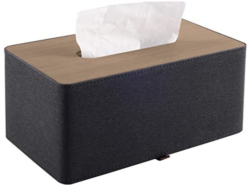 RHCSZ High-end Pu Leather Tissue Box Holder Two Color Combination-Linen and Wood Grain,Rounded Rectangle Napkin Paper Case Dispenser for Home Bathroom Dresser Offices Car Tissue Cover (Black)