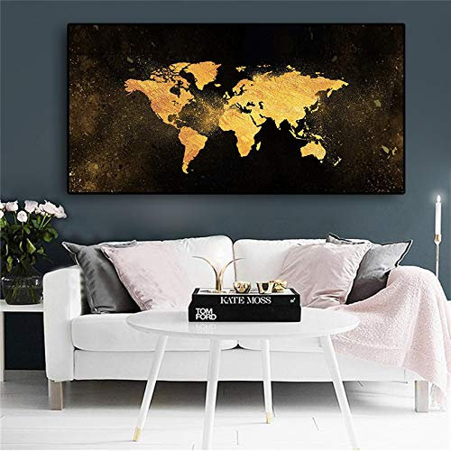 Moderne skandinavische Poster und Drucke Schwarz und Gold Weltkarte Abstrakte Leinwand Malerei Wandkunst Bild für Raumdekor 20x40cm (8x16in) Mit Rahmen