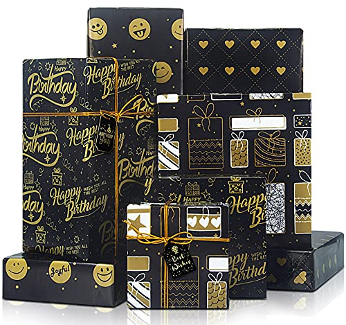 Larcenciel Födelsedagspapper, presentförpackningspapperset, svart gulddesign med jutesnöre och presentetikett, presentpapper för födelsedag, alla hjärtans dag, jul, examen, babyshower, 4 ark 70 x 49,8