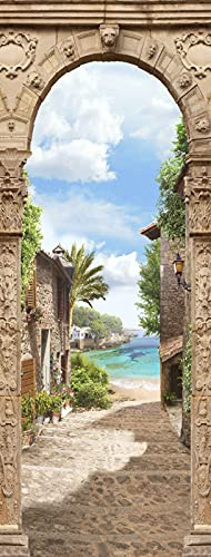A.Monamour Türtapete Selbstklebend Türfolie Türposter 3D Blick Auf Den Strand Auf Das Mittelmeer Durch Die Bogen Stein Treppe Vinyl Folie Türdeko Tapete Wandbild Türaufkleber Türtattoo 77 x 200 cm