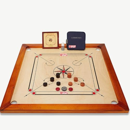 Doctor Sport Carrom Set, Kikar India hartholz, Naturel Holz, Lackiert | Komplett mit Striker, Spielsteinen, mit kleinen Tasche, und Gut