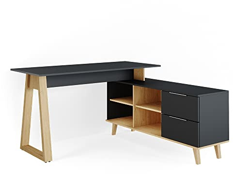 Vicco Schreibtisch Nautica, Anthrazit/Buche, 138 x 60 cm mit Schubladen, XXL
