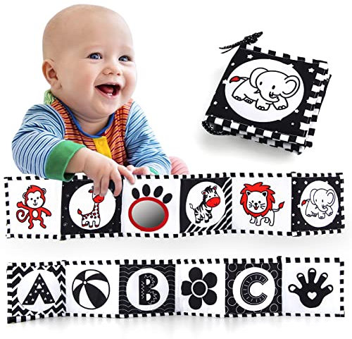 Jenilily Babybuch Schwarz Weiß ab 0+ Monate Spiegel Stoffbuch, Baby Babybücher Bilderbuch Kinderwagenspielzeug Geschenk Babyspielzeug