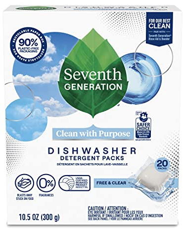 Dishwasher Detergent Packs, Free & Clear, 20 Packs, 10.5 oz (300 g), Seventh Generation