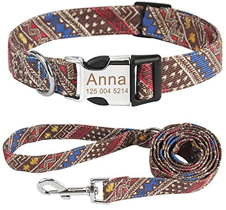 Personalisiert Hundehalsband und Leine Set, Frei graviertes Name und Telefonnummer Hunde Halsbänder, Verstellbares Retro Nylon Hunde Halsband für kleine mittlere große Hund(M,Kaffee-Set)