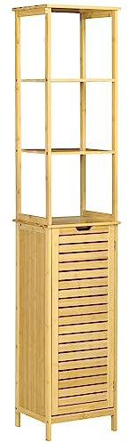 kleankin Badezimmerschrank Badschrank hoch Hochschrank mit 3 offenen Fächer und 1 Schrank, Bambus Aufbewahrungsschrank Schrank für Badezimmer, Wohnzimmer 34 x 30 x 173 cm Natur