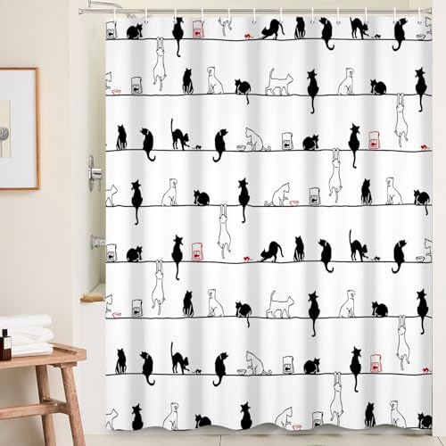 Ttincceer Tenda da Doccia Gatto Nero Bianco Cartone Animato 180x180cm Gatti Divertenti Impermeabile Decorativa per Bagno con Ganci per Bambini Forniture per Vasca da Bagno Lavabile per Adulti