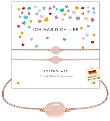 happymaker - Freundschaftsarmbänder, Rosenquarz und Mondstein Armbänder Frauen, Edelstein Armbänder mit Spruchkarte und Geschenkverpackung, handmade in Deutschland