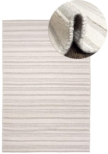 Mazovia Wollteppich - Natürliches Material Japandi, Handwebteppich Robust & Naturprodukt, für Wohnzimmer, Schlafzimmer, Esszimmer - Creme - 80 x 150 cm