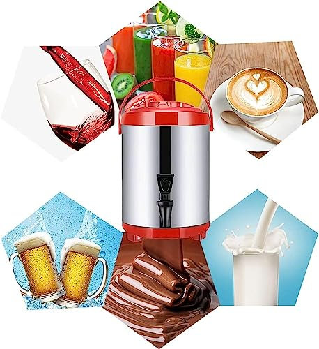 ANSNOW Heißwasserspender Mit Wasserhahn, Edelstahl, 6 L/8 L/10 L/12 L, Kommerzielles Großes Kaffeeurnen-Isoliertes Fass, Isoliert Für 10–12 Stunden Spender/Rot/8L