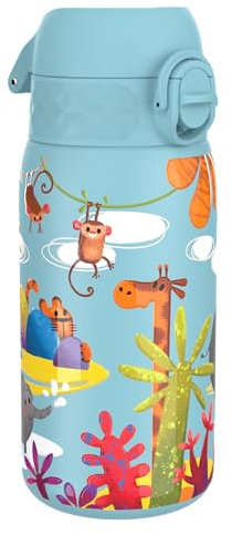 ion8 Kinder Trinkflasche, Edelstahl Leicht 400ml, Nicht Isoliert, Auslaufsicher, Einhandöffnung, Sichere Verriegelung, Spülmaschinenfest, Klappdeckel, Tragegriff, Leicht zu Reinigen, Safari