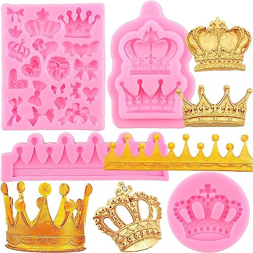 RFGHAC Set di 4 stampi in silicone a forma di corona, fondente, caramelle, fiocchi, cuore, cioccolato, per cupcake, decorazioni per torte, resina epossidica, pasta polimerica