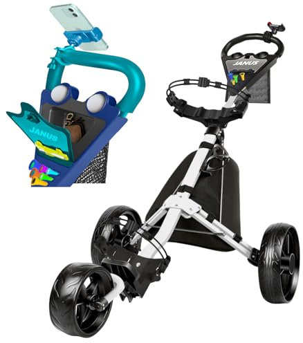 JANUS Golfwagen, faltbarer Golfwagen, Golftaschen-Wagen, Golf-Ziehwagen mit Handyhalterung und Aufbewahrungstasche