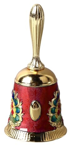 Handglocke aus Messing mit Gravurmuster, Kompakte Antike Handrufglocke (Gold mit buntem Rot)