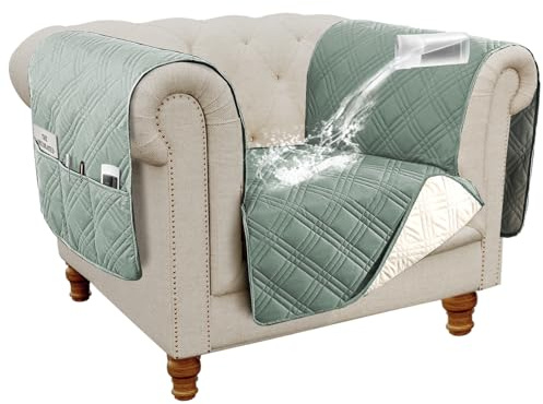 H.VERSAILTEX 100% Waterproof Chair Slipcover Armchair Covers with Extra Long Armrest Cover Traditional Chesterfield Furniture Protector Cover for Pets Kids Children Dog Cat(Chair, Lily Pad/Beige)