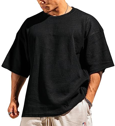 Hombres Básico Manga Corta Gofre Sudaderas Camisa de Entrenamiento Ajuste Holgado Ejercicio Pull-Over Camisa de Cuello Redondo Negro XXL