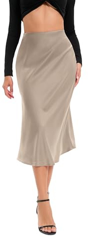 Oyamiki Ladies Silk Midi Skirt Elasticated High Waist Flared Long Skirts for Work Party, XL