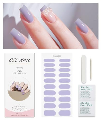 Pale Purple Gel Nail Strips, KALEFUL Semi Cured Gel Nail Stickers Nail Art Decoration Design Supplies