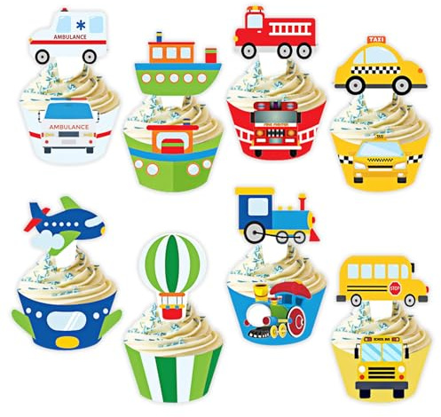 Transportation Theme Cupcake Toppers and Wrappers, Set of 48pcs Cupcake Decorations Supplies, Ambulance Taxi School Bus Train Airplane for Kids Boys Girls Birthday Baby Shower Party Supplies