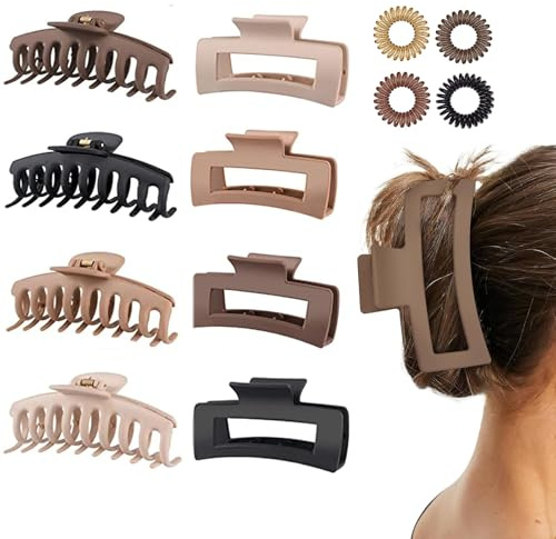 FOLAI Große Haarklammer,8 Stück Damen Claw Clip Hair Clip Extra Große Haarklammern mit 4 Spiralhaarbänder Haarspange Haarspangen für Dickes Haar Langes Haar(Neutral)