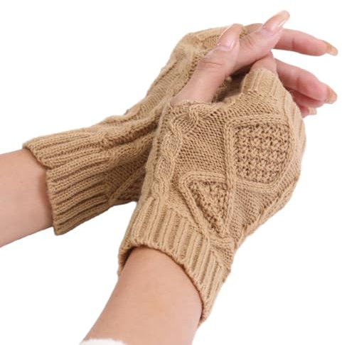 Wambere 1 Paar Damen Handstulpen Strickhandschuhe Gestrickte Handschuhe Kurze Halbfingerlose Handschuhe Winter Warme Fingerlose Handschuhe Armwärmer Armstulpen Armhandschuhe Thermohandschuhe,Beige