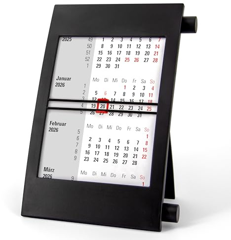 3-Monatskalender Tisch 2026 2027 - Büro & Homeoffice Tischkalender mit Drehmechanik - 2-Jahres-Kalender - schwarz/schwarz/rot - Truento