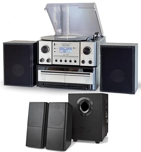 Boston+ Compatible with Steepletone Boston USB RECORDING Retro Music Centre, CD Player, Record Player, TWIN Cassette, Radio, Bluetooth, Remote, Stereo Speakers + DTL Amplified Sub-Woofer Speaker Set 1