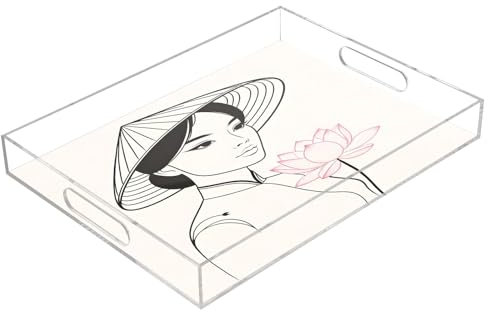 Belle femme vietnamienne rose lotus plateaux de service en acrylique, plateau rectangulaire transparent avec poignées, plateau de service pour table basse, cuisine, salle de bain