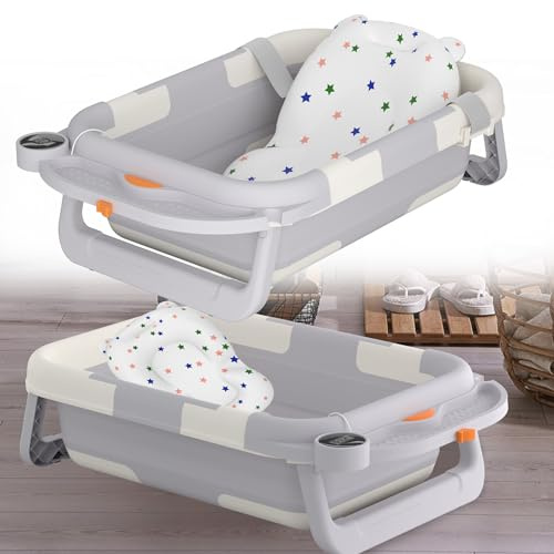 HENGMEI Babybadkar fällbart babybadkar med sittdyna bärbar badkarssits, badkudde för babybad, antracit (digital display + badmatta)