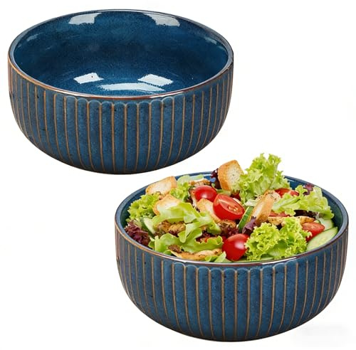 AstraLoom Ensaladera – 2 cuencos de cerámica hechos a mano de 1000 ml para frutas, pasta, sopa, diámetro de 15,3 cm (azul)