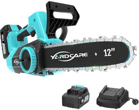 YARDCARE Motosega a Batteria da 12 Pollici con Display LED, Motosega Tensione Catena Senza Attrezzi, Motore Brushless, Velocità 15 m/s, Lubrificazione Automatica, Protezione Contro, Batteria da 4Ah