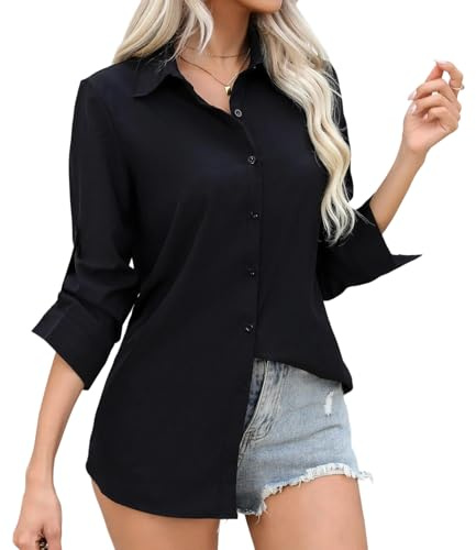 Sahunfri Women’s Long Sleeve Dress Shirt Regular Fit,Black Blouse Shirts with Button Down for Women Business Office Wear Casual (UK, Alpha, L, Regular, Regular, Black)