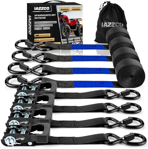 IAZZCO 4 Stück Spanngurte mit Ratsche - 6M x 25MM Spanngurt mit S Haken TÜV/GS Zertifiziert mit Ratschengurte mit Nockenschnalle für Motorräder, Auto, Anhänger, Haushalt (Schwarz/4 Stück)