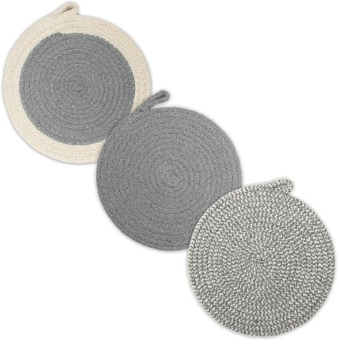 Encasa XO Round Trivet Mats For Hot Dishes with Hanging Loop | Grey Combo - Set of 3 with 18 cm Diameter | Cotton Round Thick Heat Resistant Pot Holders | Use Hot Pads Plate Mats For Hot Pots & Pans