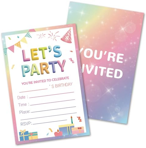 HOMANGA Birthday Party Invitations for Girls, 20Pcs Birthday Invitation Cards with Envelopes, Cute Party Invites for Kids Childrens, 10x15cm, Double-Sided Design