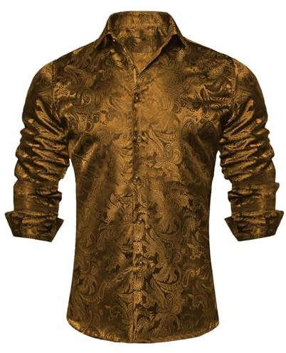 Mens Dress Shirts Luxury Satin Printed Long Sleeve Shirt Patterned Button Down British Tailored Shirt Business Regular Fit Wedding Work Non Iron Shirts Party Casual Fancy Formal Tops Gold