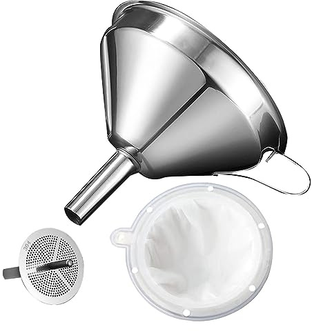 Elqubkan Embudo de cocina 5.1 de acero inoxidable 304 con filtro de alimentos de malla 200 para transferir líquidos y aceite, mermelada fácil de usar