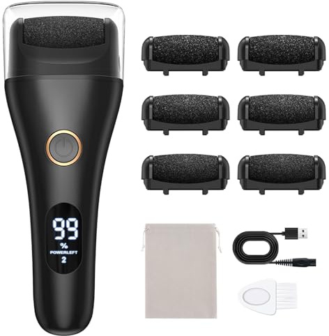 Hoxida Electric Foot File Rechargeable with 6 Rollers, Callus Remover Feet Pedicure Set Professional for Hard Skin Cracked Heels and Dead Skin - Black