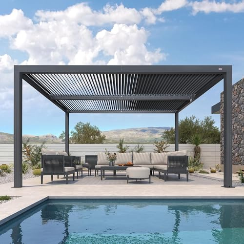 Pérgola bioclimática ajustable de 4,6 x 3 cm, aluminio con listones ajustables, 15,18 m², toldo de jardín para patio y terraza, pabellón gris al aire libre para patio trasero