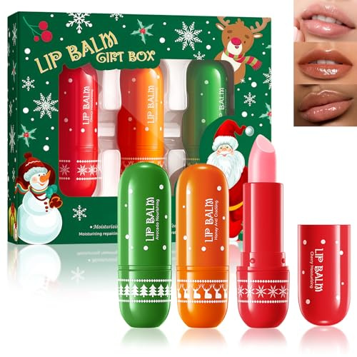 HOUSN Weihnachts Lip Balm 3er Set für Lippenpflege mit Fruchtgeschmack - Lippenpflegestift Feuchtigkeitsspendend, Lang Anhaltende Nährende, Verblassende Lippenlinien, Ideal als Geschenk