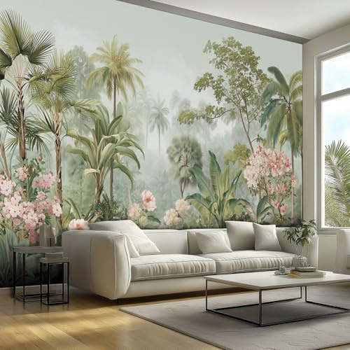 Tropical Rainforest Mural Wallpaper, Jungle Palm Floral Wallpaper for Bedroom, Living Room, TV Backdrop, Office, 3D Large Wall Mural Non-Woven Wall Paper 450 x 315 cm (WxH) uO138