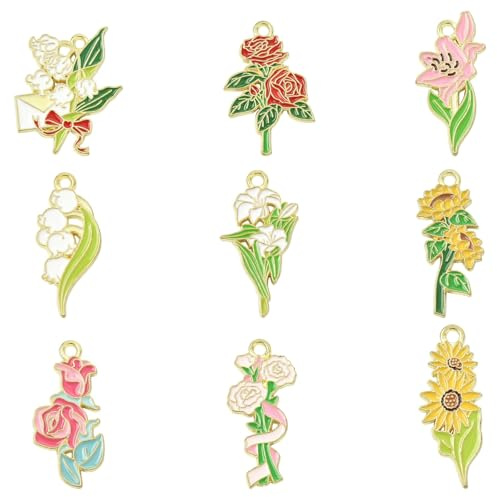 Ipotkitt 45 ciondoli smaltati a forma di fiore, 9 stili, rosa, giglio, girasole, per gioielli fai da te, bracciali, collane, orecchini, portachiavi, forniture artistiche artigianali