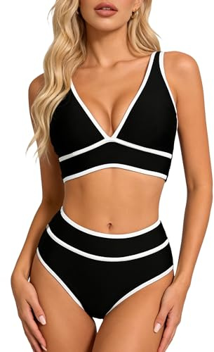 EOAMGO Women’s Bikini Set, Two Piece High Waisted Bikini Swimsuit with Deep V Neck Wide Strap Top, Tummy Control Bottom